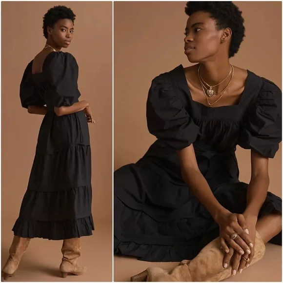 NWT ANTHROPOLOGIE LOVE THE LABEL PUFF SLEEVED MIDI DRESS IN BLACK